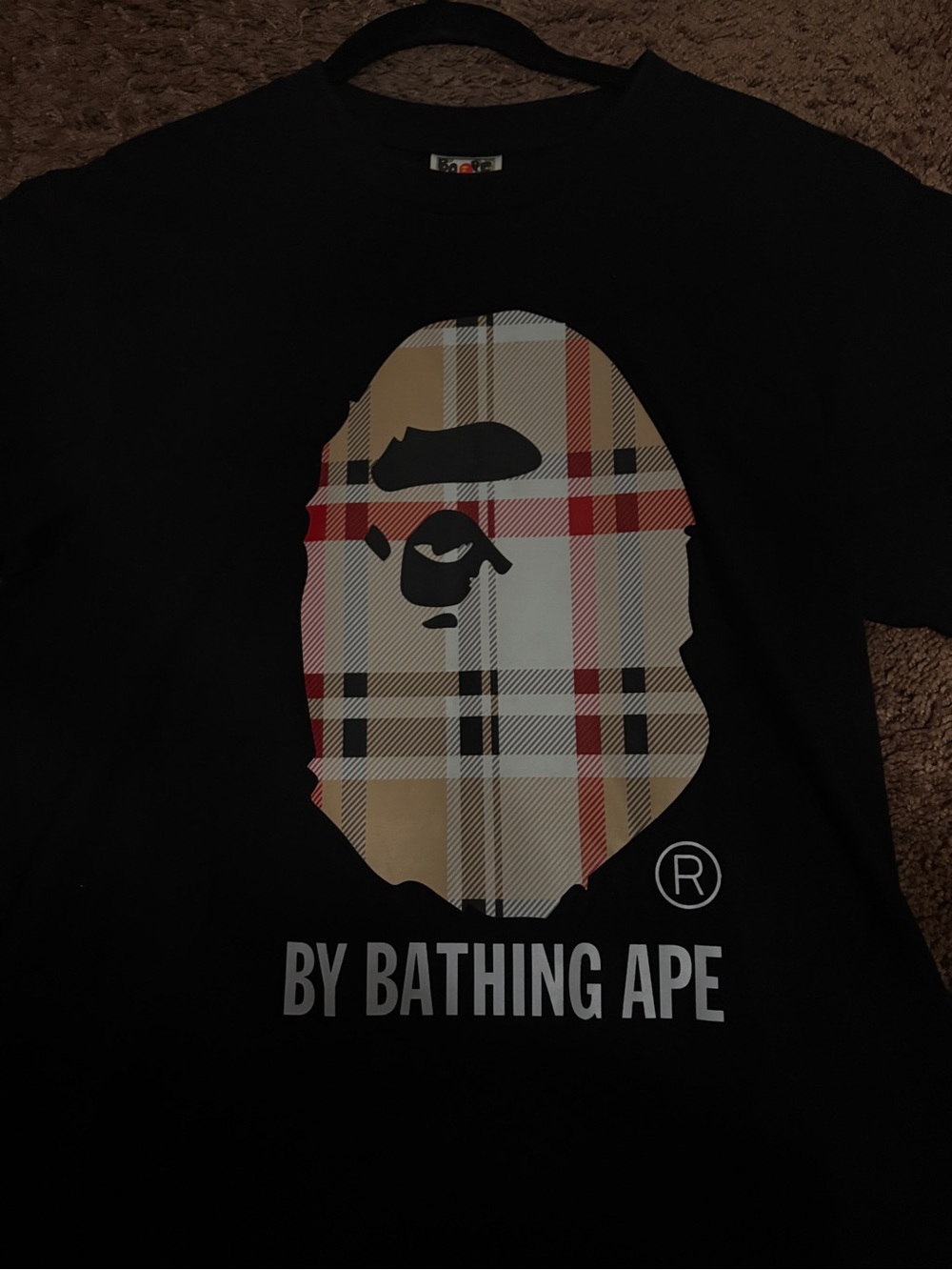 Bape Black T-Shirt with Beige Red Plaid Ape Head Graphic